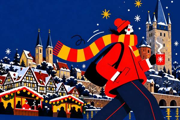 Illustration: Frau mit rot-gelbem Schal vor der Altstadt von Bad Wimpfen mit Weihnachtsmarkt – zum Termin Weihnachtsmarkt Bad Wimpfen